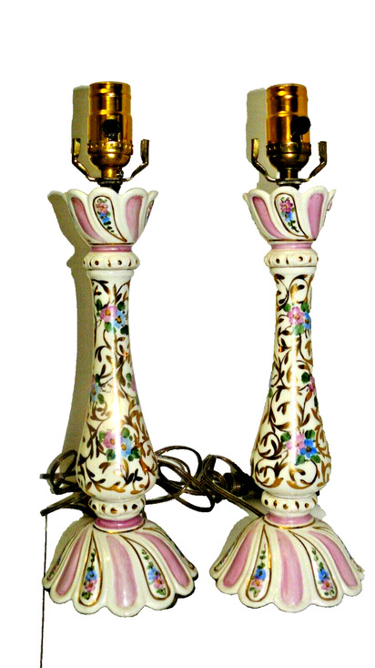 Unbranded Other - Gilted Pink Blue White Floral Porcelain Pair of Lamps Victorian Style Vintage